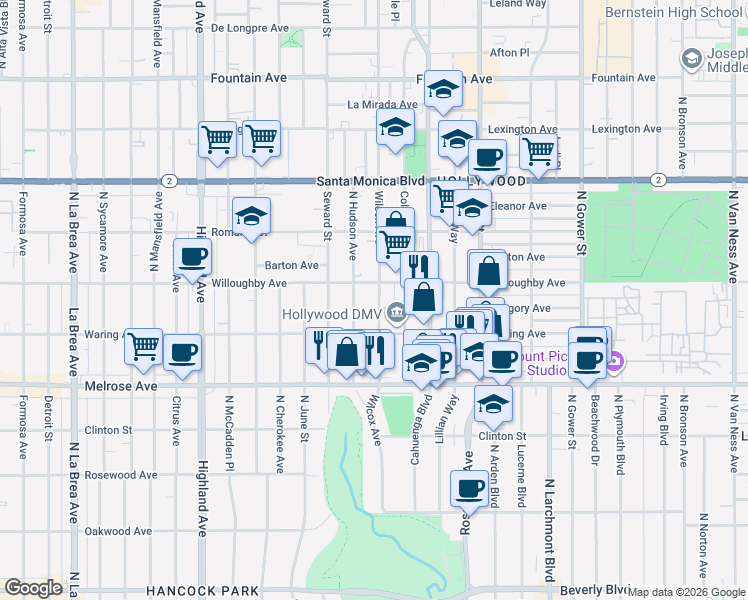map of restaurants, bars, coffee shops, grocery stores, and more near 843 Wilcox Avenue in Los Angeles