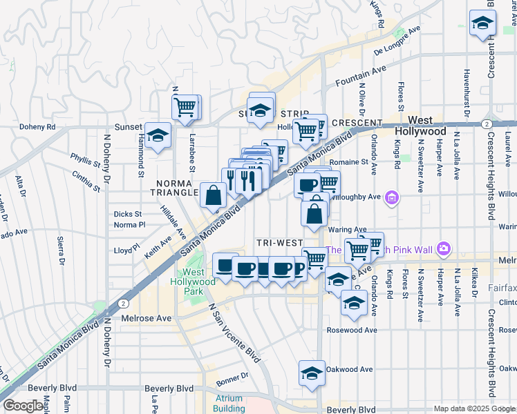 map of restaurants, bars, coffee shops, grocery stores, and more near 854 Huntley Drive in West Hollywood
