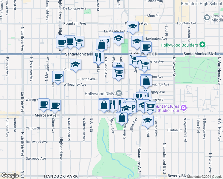 map of restaurants, bars, coffee shops, grocery stores, and more near 843 Wilcox Avenue in Los Angeles