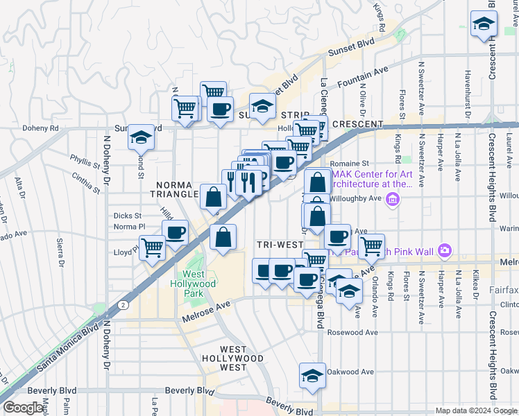 map of restaurants, bars, coffee shops, grocery stores, and more near 854 Huntley Drive in West Hollywood
