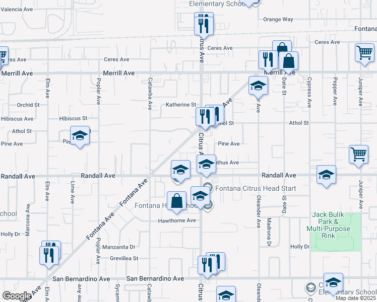 map of restaurants, bars, coffee shops, grocery stores, and more near 9214 Citrus Avenue in Fontana