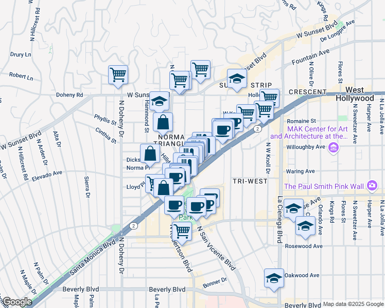map of restaurants, bars, coffee shops, grocery stores, and more near 840 Larrabee Street in West Hollywood