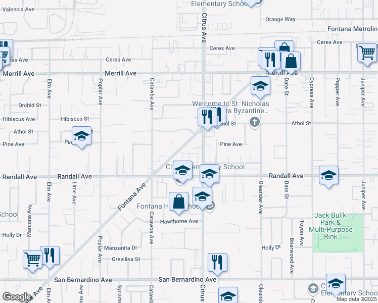 map of restaurants, bars, coffee shops, grocery stores, and more near 9214 Citrus Avenue in Fontana