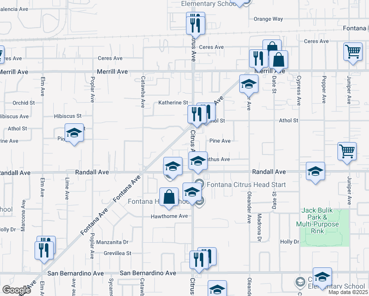 map of restaurants, bars, coffee shops, grocery stores, and more near 9208 Citrus Avenue in Fontana