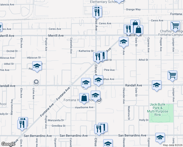 map of restaurants, bars, coffee shops, grocery stores, and more near 9208 Citrus Avenue in Fontana