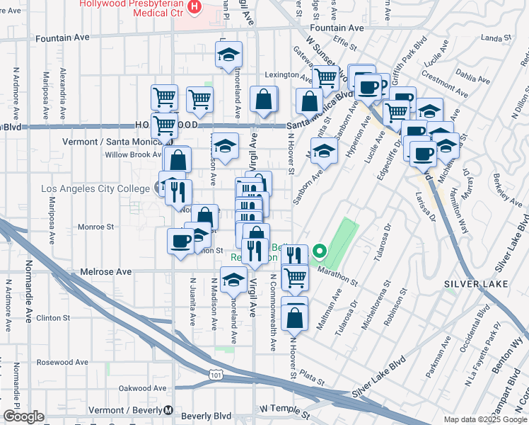 map of restaurants, bars, coffee shops, grocery stores, and more near 4144 Normal Avenue in Los Angeles