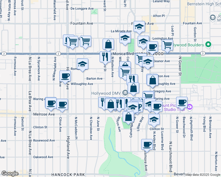 map of restaurants, bars, coffee shops, grocery stores, and more near 837 North Hudson Avenue in Los Angeles