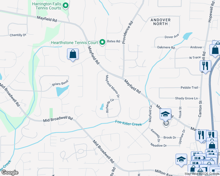 map of restaurants, bars, coffee shops, grocery stores, and more near 1045 Mayfield Manor Drive in Alpharetta