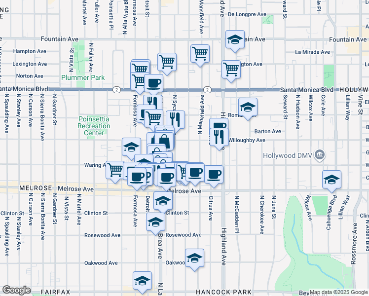 map of restaurants, bars, coffee shops, grocery stores, and more near 843 North Orange Drive in Los Angeles