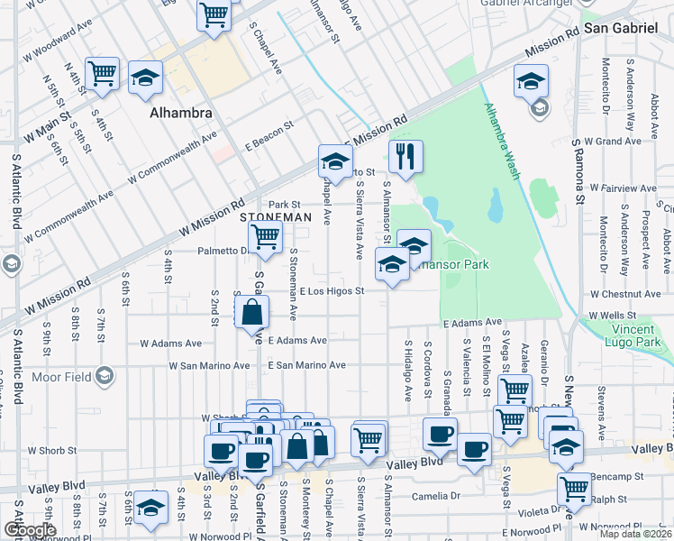 map of restaurants, bars, coffee shops, grocery stores, and more near 824 South Chapel Avenue in Alhambra