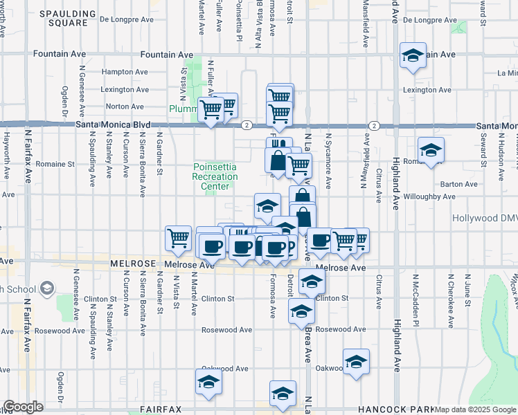 map of restaurants, bars, coffee shops, grocery stores, and more near 846 North Alta Vista Boulevard in Los Angeles