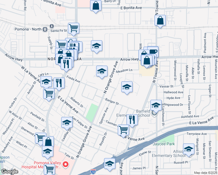 map of restaurants, bars, coffee shops, grocery stores, and more near 402 Deborah Drive in Pomona