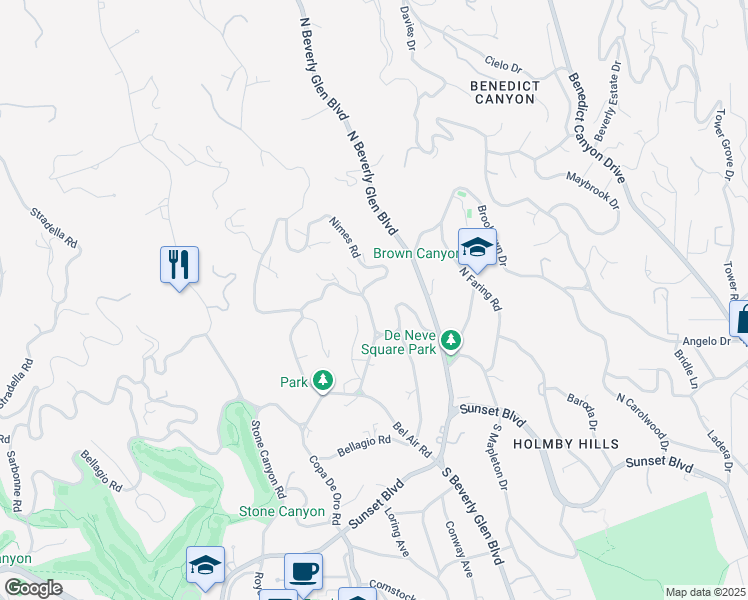 map of restaurants, bars, coffee shops, grocery stores, and more near 500 Saint Cloud Road in Los Angeles