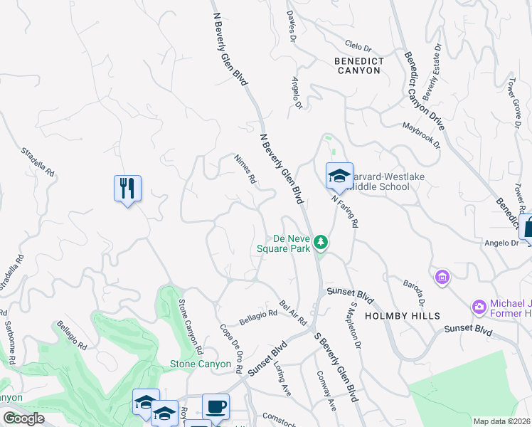 map of restaurants, bars, coffee shops, grocery stores, and more near 500 Saint Cloud Road in Los Angeles