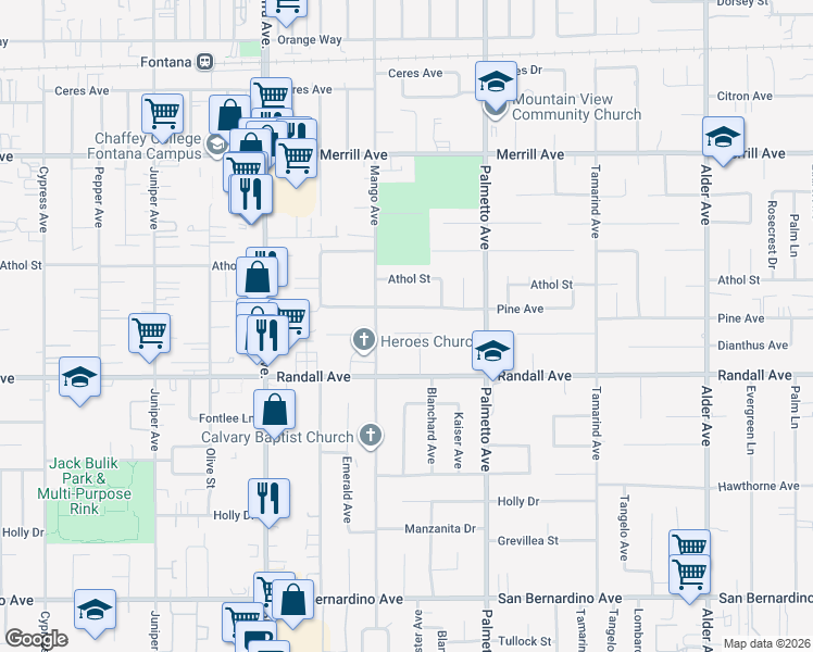 map of restaurants, bars, coffee shops, grocery stores, and more near 17125 Pinedale Avenue in Fontana
