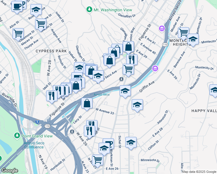 map of restaurants, bars, coffee shops, grocery stores, and more near 3436 Marmion Way in Los Angeles