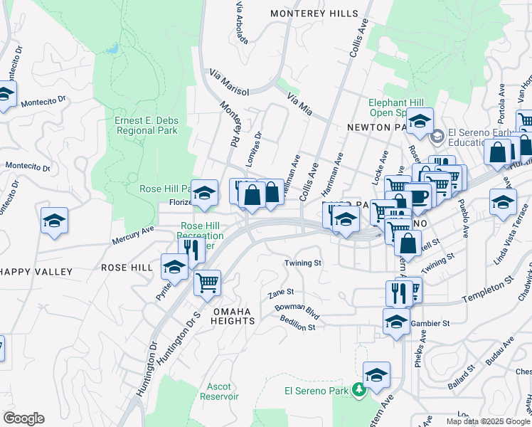 map of restaurants, bars, coffee shops, grocery stores, and more near 4630 Huntington Drive North in Los Angeles
