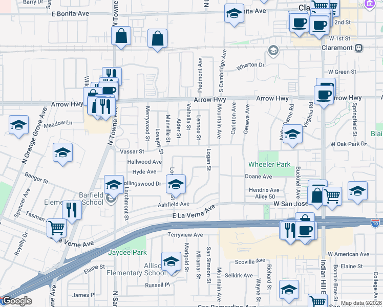 map of restaurants, bars, coffee shops, grocery stores, and more near 1083 Del Norde Avenue in Pomona