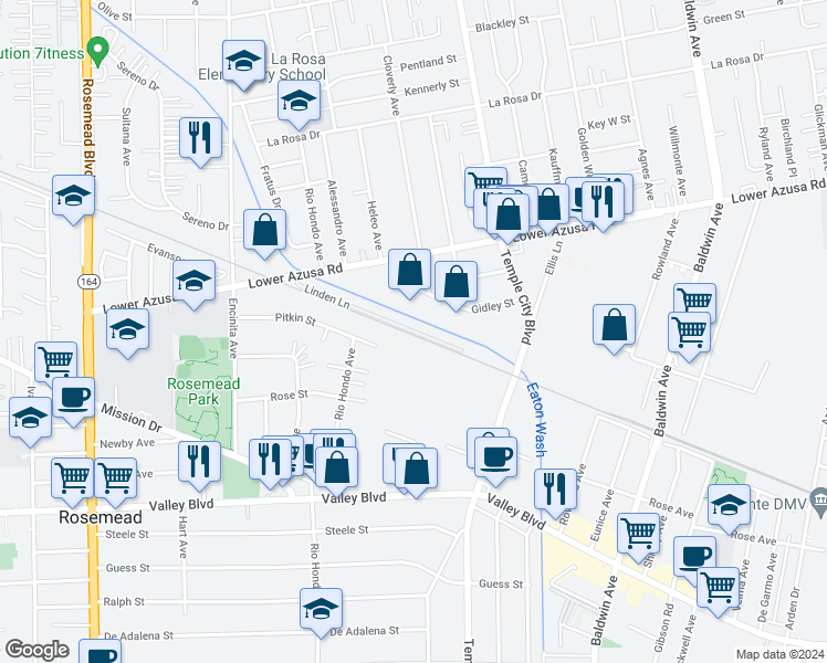 map of restaurants, bars, coffee shops, grocery stores, and more near 70 Linden Lane in Temple City