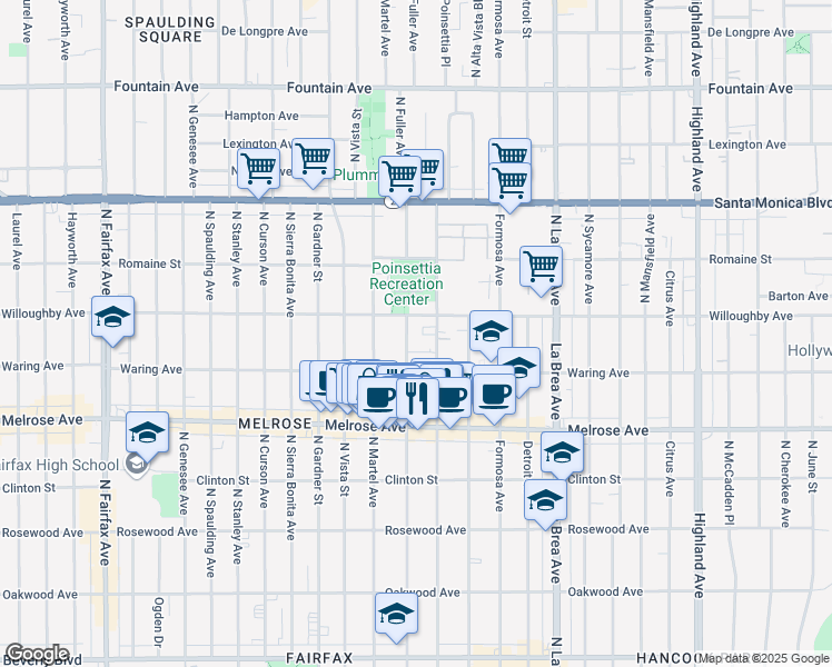 map of restaurants, bars, coffee shops, grocery stores, and more near 840 North Fuller Avenue in Los Angeles