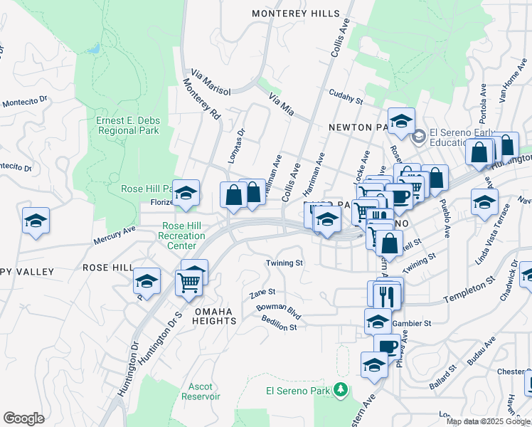 map of restaurants, bars, coffee shops, grocery stores, and more near 4641 Huntington Drive South in Los Angeles