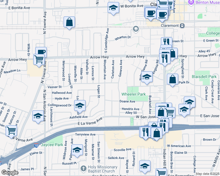 map of restaurants, bars, coffee shops, grocery stores, and more near 536 Mountain Avenue in Claremont