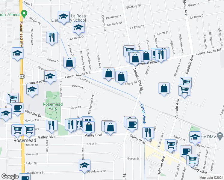 map of restaurants, bars, coffee shops, grocery stores, and more near 70 Linden Lane in Temple City