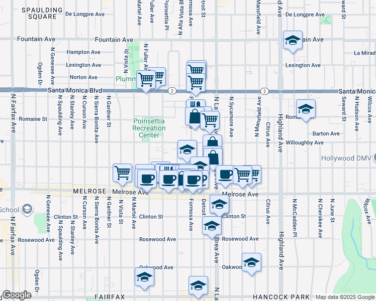 map of restaurants, bars, coffee shops, grocery stores, and more near 843 North Formosa Avenue in Los Angeles