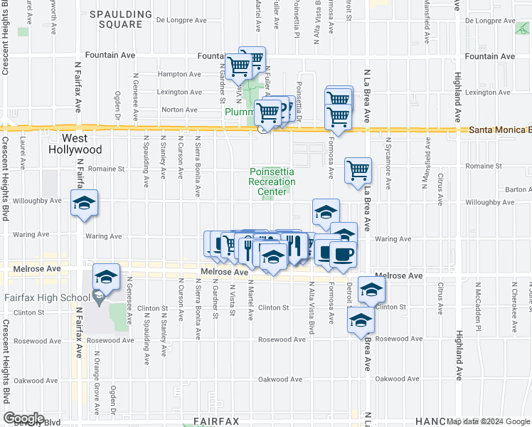 map of restaurants, bars, coffee shops, grocery stores, and more near 823 North Fuller Avenue in Los Angeles