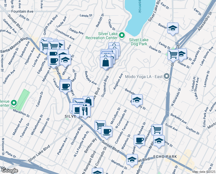 map of restaurants, bars, coffee shops, grocery stores, and more near 1541 Silverwood Terrace in Los Angeles
