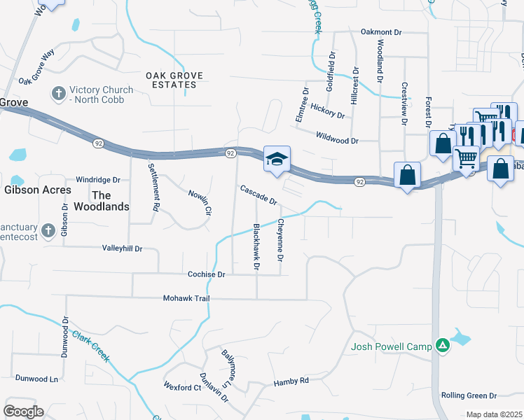 map of restaurants, bars, coffee shops, grocery stores, and more near 5534 Blackhawk Drive in Acworth
