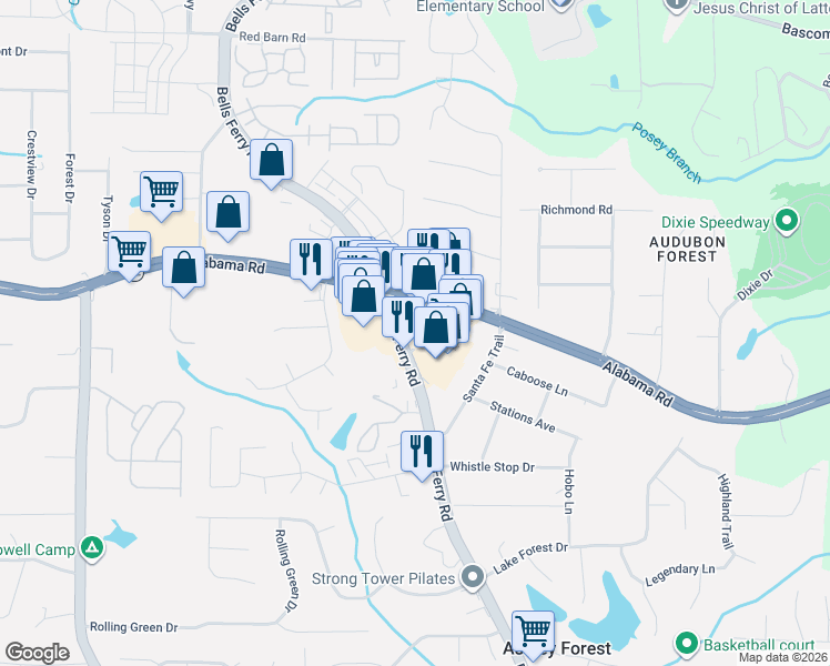 map of restaurants, bars, coffee shops, grocery stores, and more near 5600 Bells Ferry Rd in Acworth
