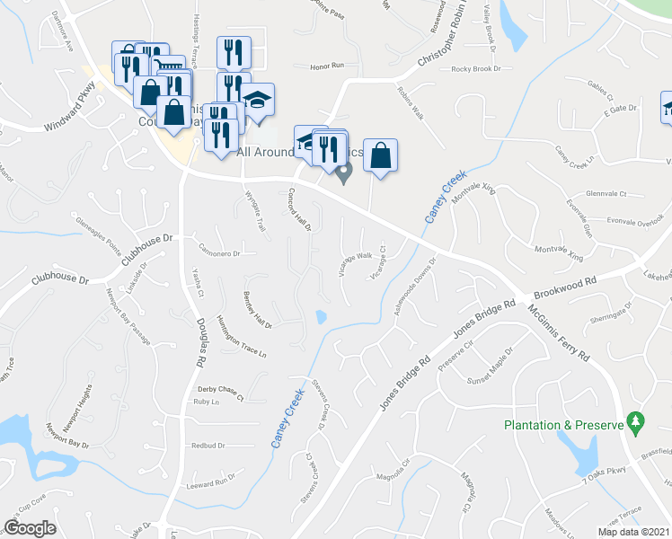 map of restaurants, bars, coffee shops, grocery stores, and more near 5510 Vicarage Walk in Alpharetta