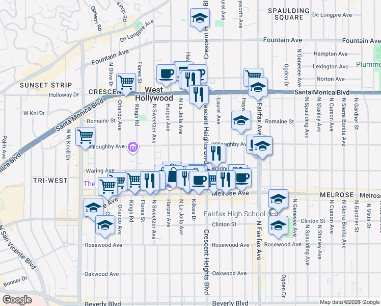 map of restaurants, bars, coffee shops, grocery stores, and more near 841 North Kilkea Drive in Los Angeles