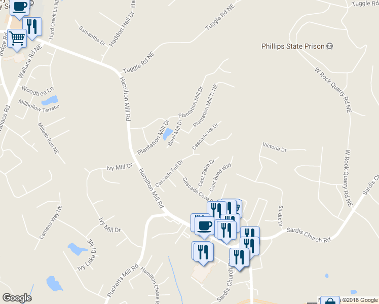 map of restaurants, bars, coffee shops, grocery stores, and more near 3450 Cascade Falls Drive in Buford