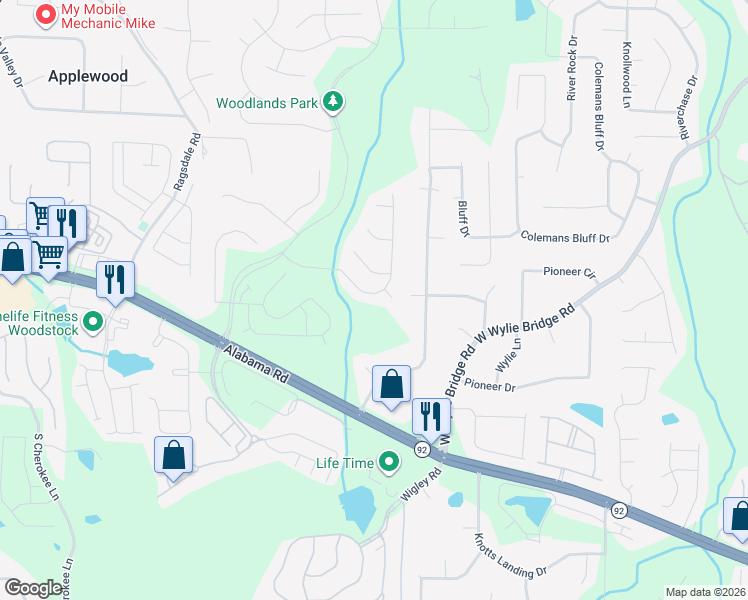 map of restaurants, bars, coffee shops, grocery stores, and more near 202 Bourke Court in Woodstock