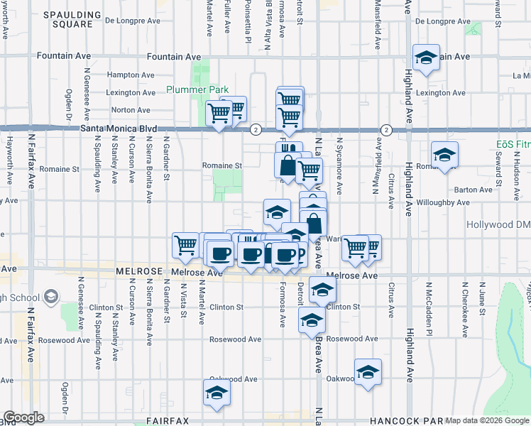 map of restaurants, bars, coffee shops, grocery stores, and more near 822 North Alta Vista Boulevard in West Hollywood