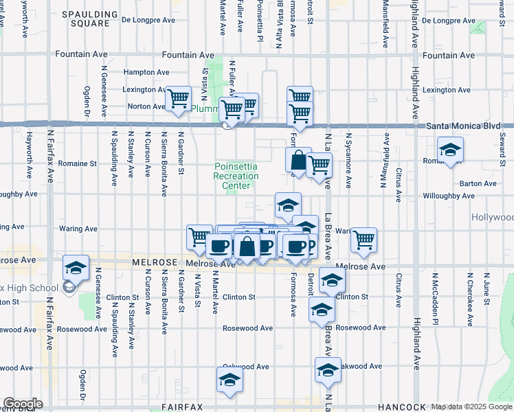 map of restaurants, bars, coffee shops, grocery stores, and more near 7273 West Hazel Court in Los Angeles