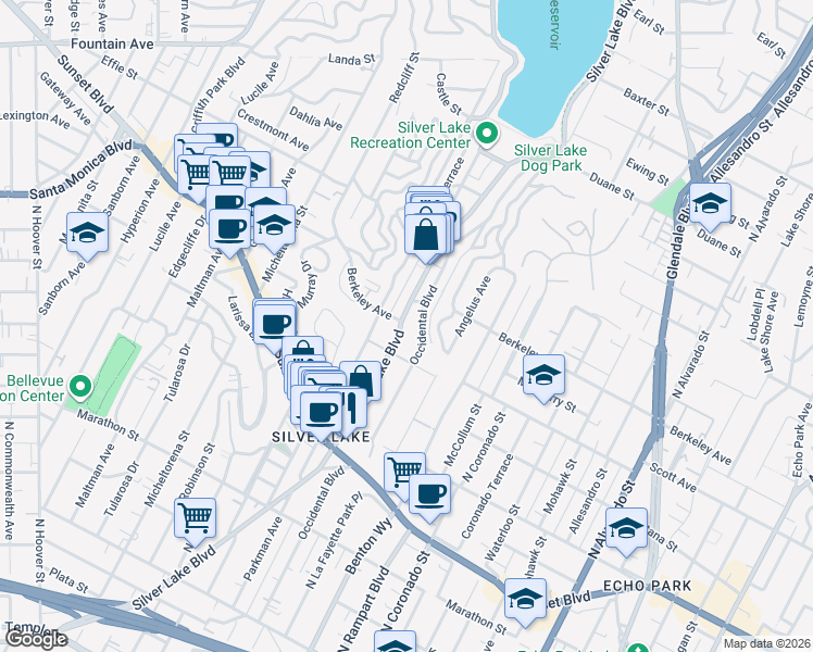 map of restaurants, bars, coffee shops, grocery stores, and more near 1492 Silver Lake Boulevard in Los Angeles
