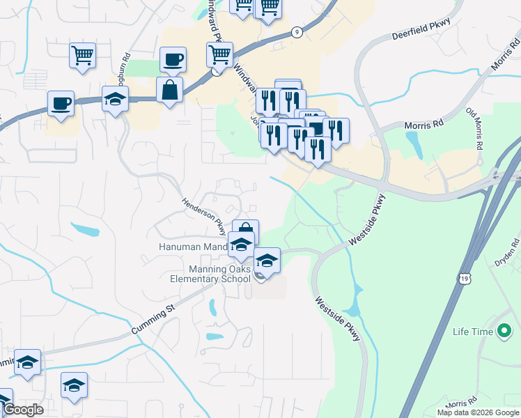 map of restaurants, bars, coffee shops, grocery stores, and more near 3051 Westwood Way in Alpharetta
