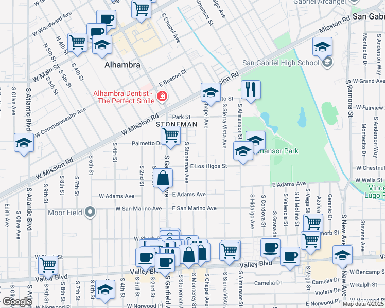map of restaurants, bars, coffee shops, grocery stores, and more near 820 South Stoneman Avenue in Alhambra