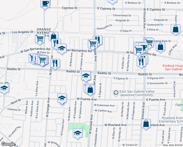 map of restaurants, bars, coffee shops, grocery stores, and more near 1430 West Badillo Street in West Covina