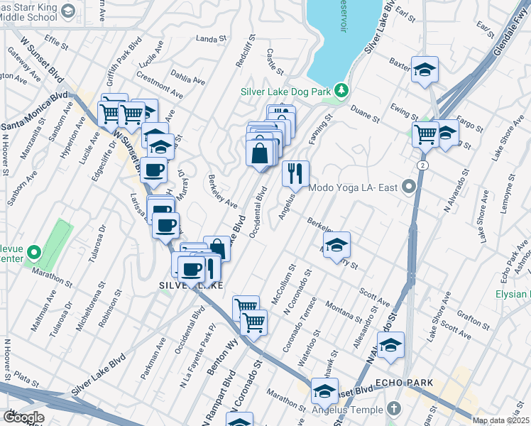map of restaurants, bars, coffee shops, grocery stores, and more near 1541 Silverwood Terrace in Los Angeles