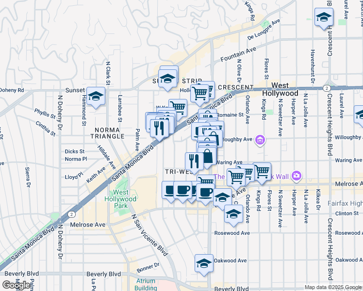 map of restaurants, bars, coffee shops, grocery stores, and more near 8610 Rugby Drive in West Hollywood