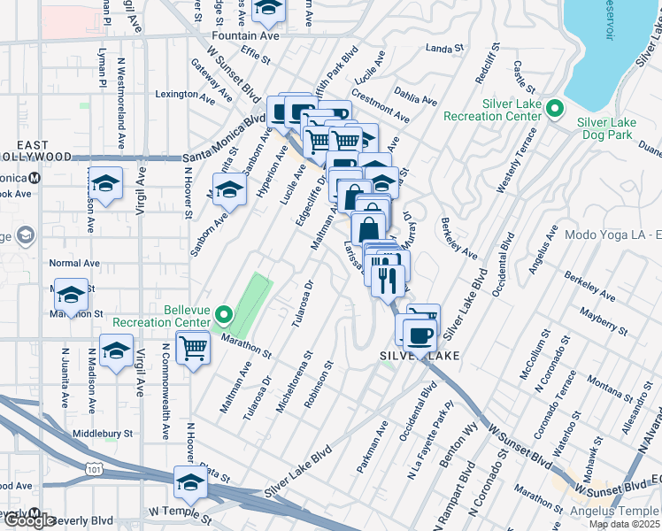 map of restaurants, bars, coffee shops, grocery stores, and more near 3420 Descanso Drive in Los Angeles