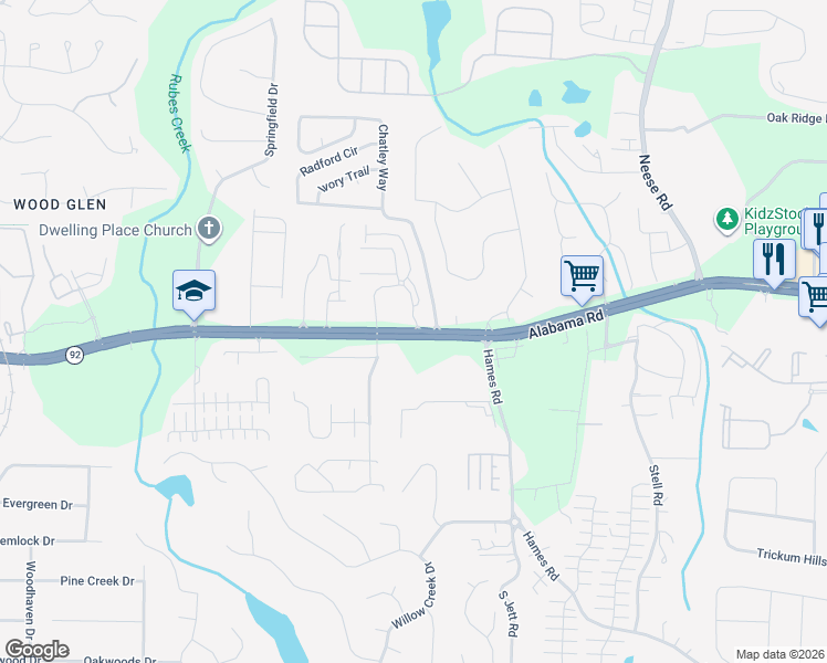 map of restaurants, bars, coffee shops, grocery stores, and more near Highway 92 in Woodstock