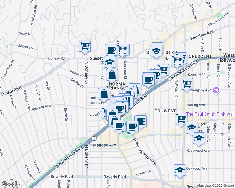 map of restaurants, bars, coffee shops, grocery stores, and more near 855 Hilldale Avenue in West Hollywood