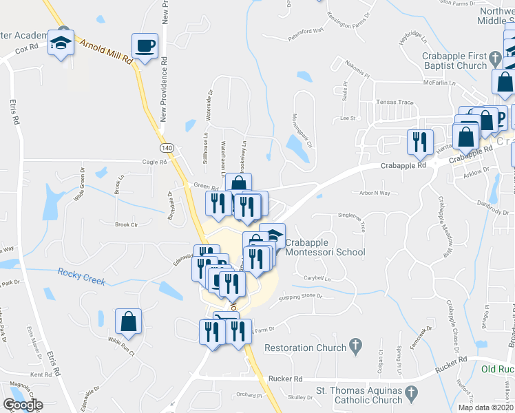 map of restaurants, bars, coffee shops, grocery stores, and more near 2100 Abbey Court in Alpharetta