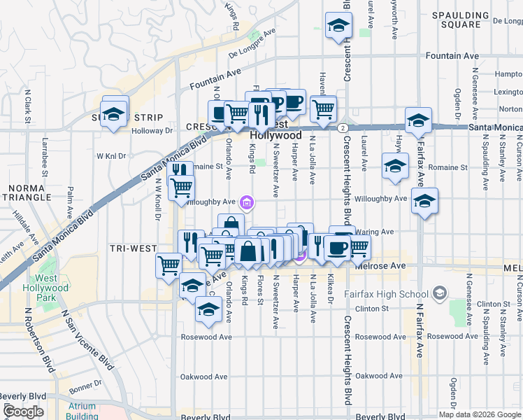map of restaurants, bars, coffee shops, grocery stores, and more near 850 Kings Road in West Hollywood