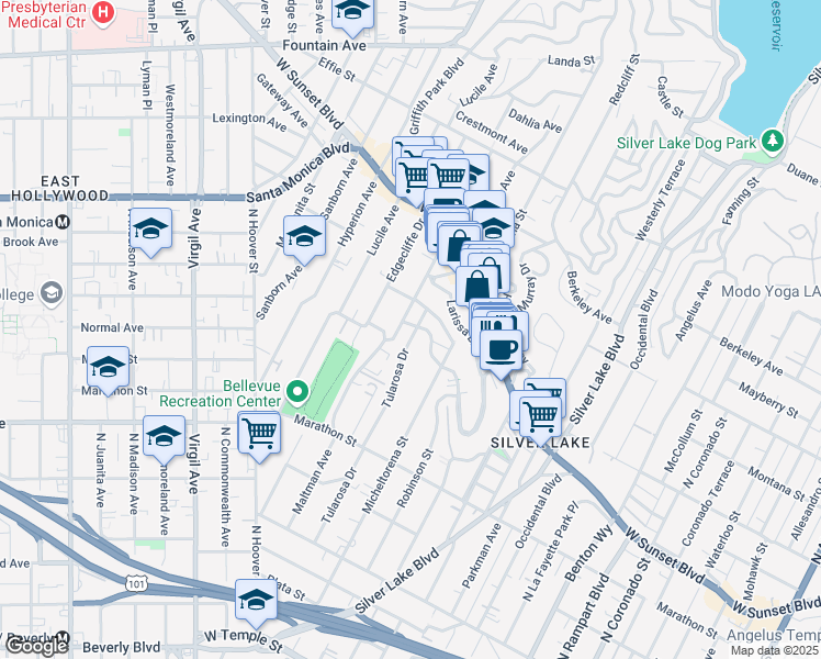 map of restaurants, bars, coffee shops, grocery stores, and more near 3462 Descanso Drive in Los Angeles